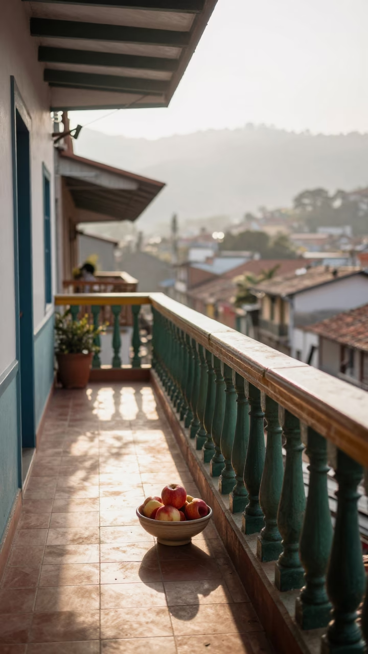 Morning light on colorful Medellin balcony with fruit bowl and vintage lantern in in Medellin, Colombia