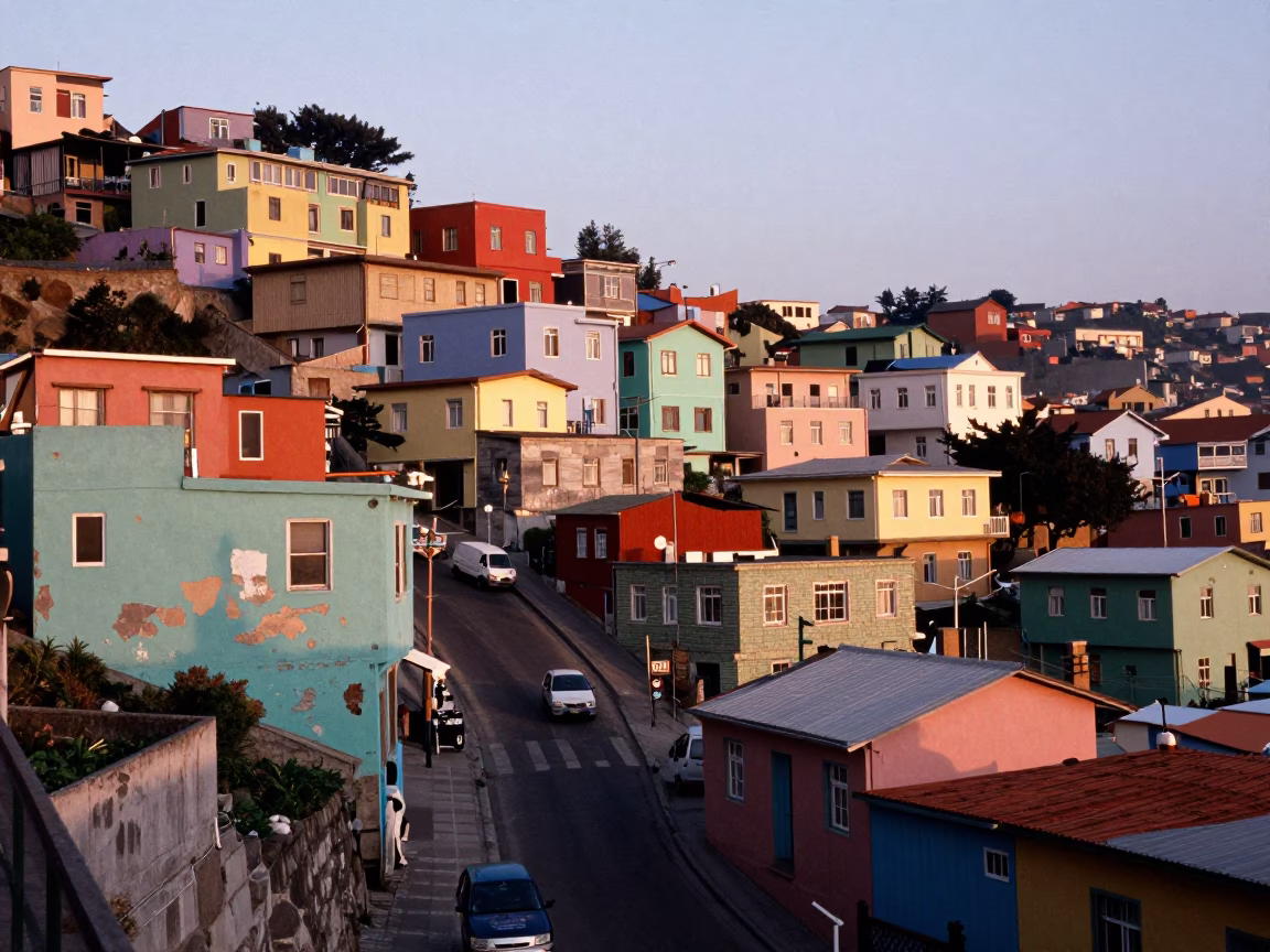 Morning Light on Colorful Valparaiso Hillside Street with Local Market Fruit Display in in Valparaiso, Chile