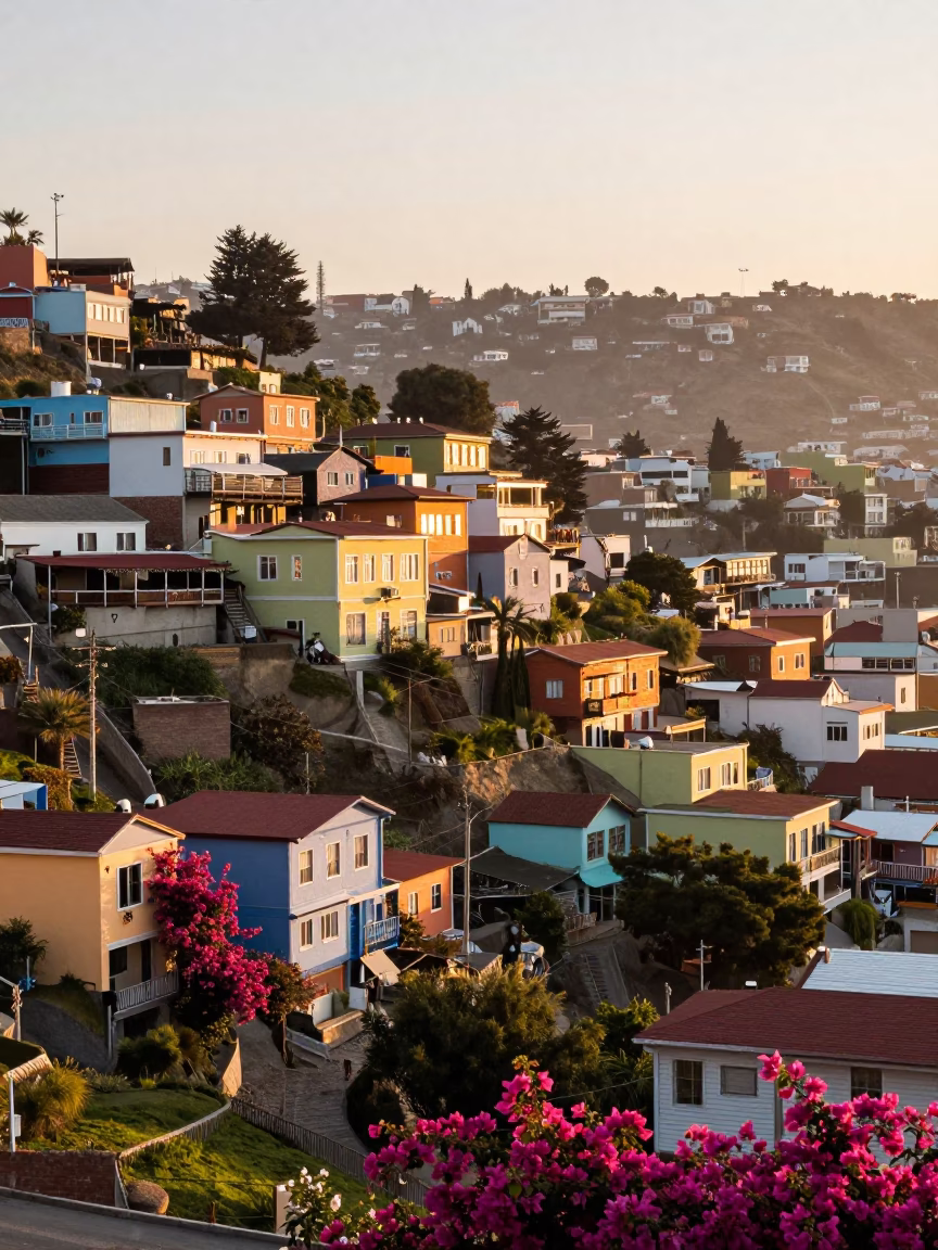 Morning Light on Colorful Valparaiso Hillsides with Bougainvillea and Aerial Tramway in in Valparaiso, Chile