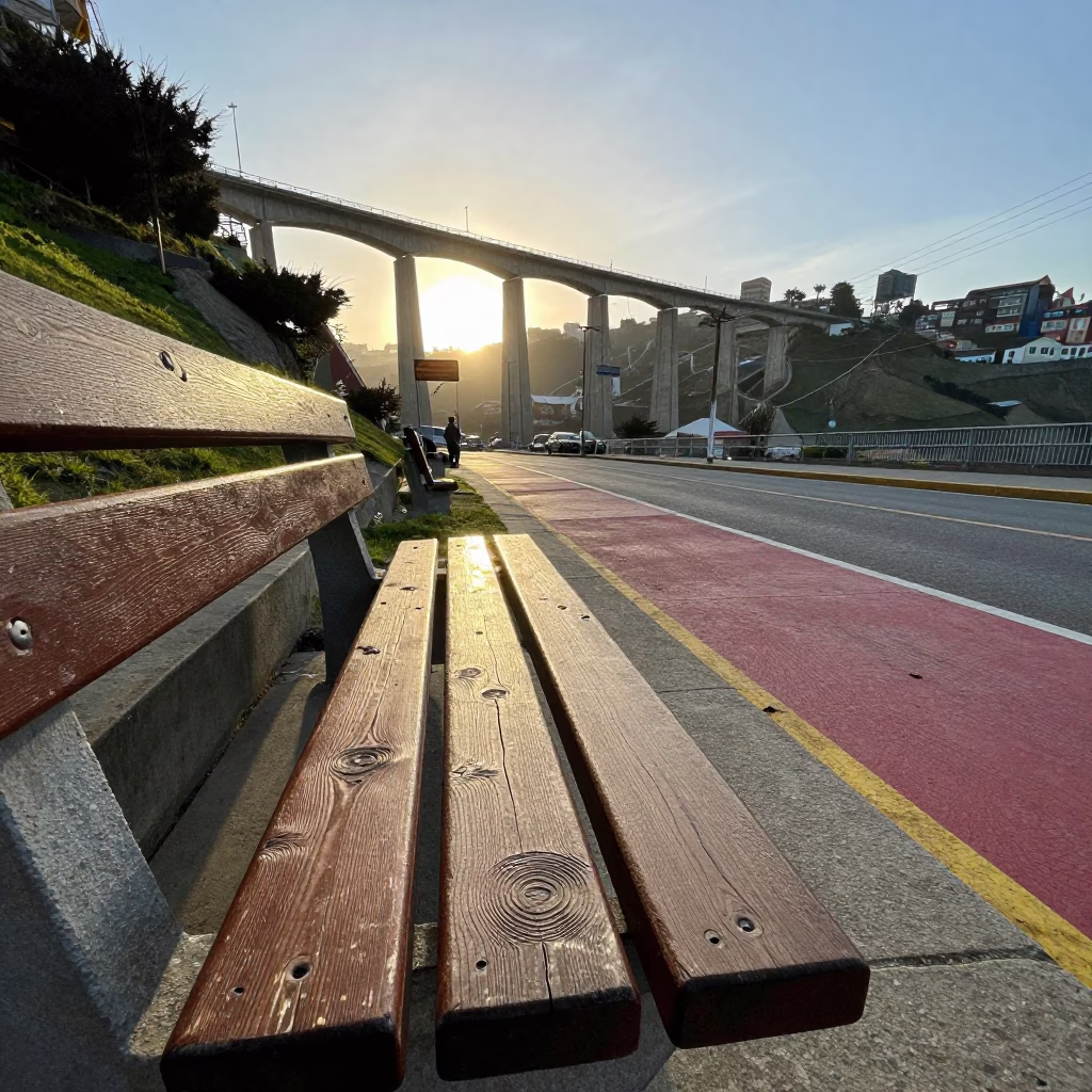 Morning Light on Colorful Valparaiso Street with Concrete Viaduct and Local Life in in Valparaiso, Chile