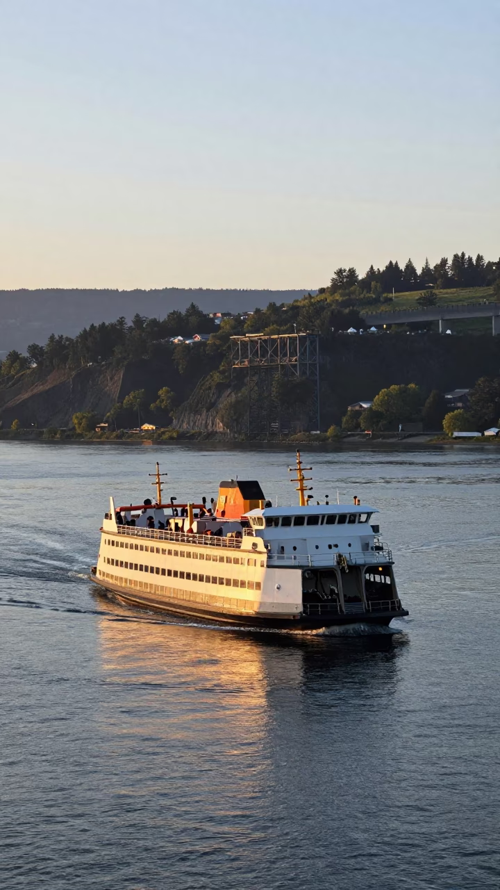 Morning light on Columbia River Gorge chain ferry crossing Portland Oregon with riverbank vegetation in in Portland, Oregon, United States