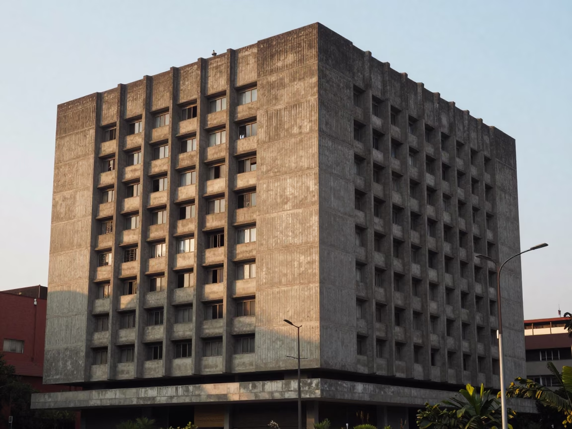 Morning light on concrete brutalist university building in Mexico City with classroom globe in in Mexico City, Mexico