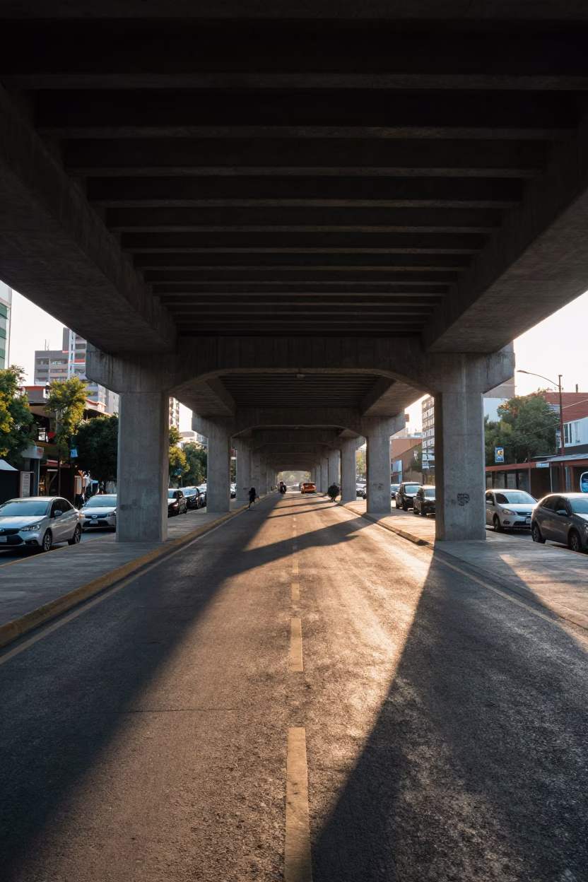 Morning light on concrete flyover shadows in Guadalajara Mexico cityscape in in Guadalajara, Mexico