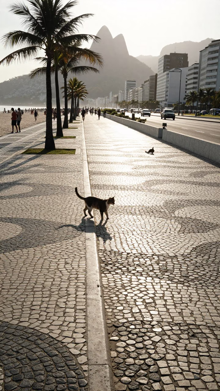 Morning light on Copacabana pavement with stray cat and urban details in in Rio de Janeiro, Brazil