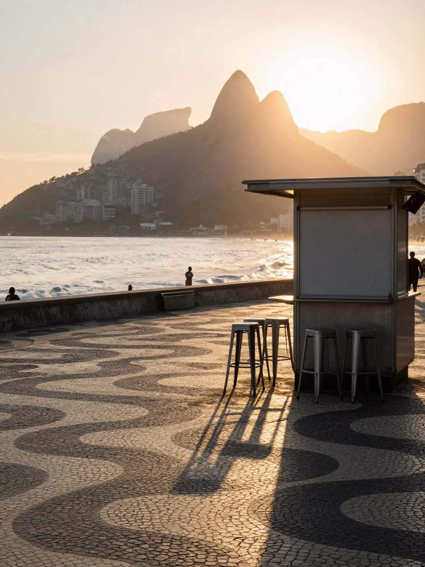 Morning Light on Copacabana Promenade with Bar Stools and Urban Life in in Rio de Janeiro, Brazil