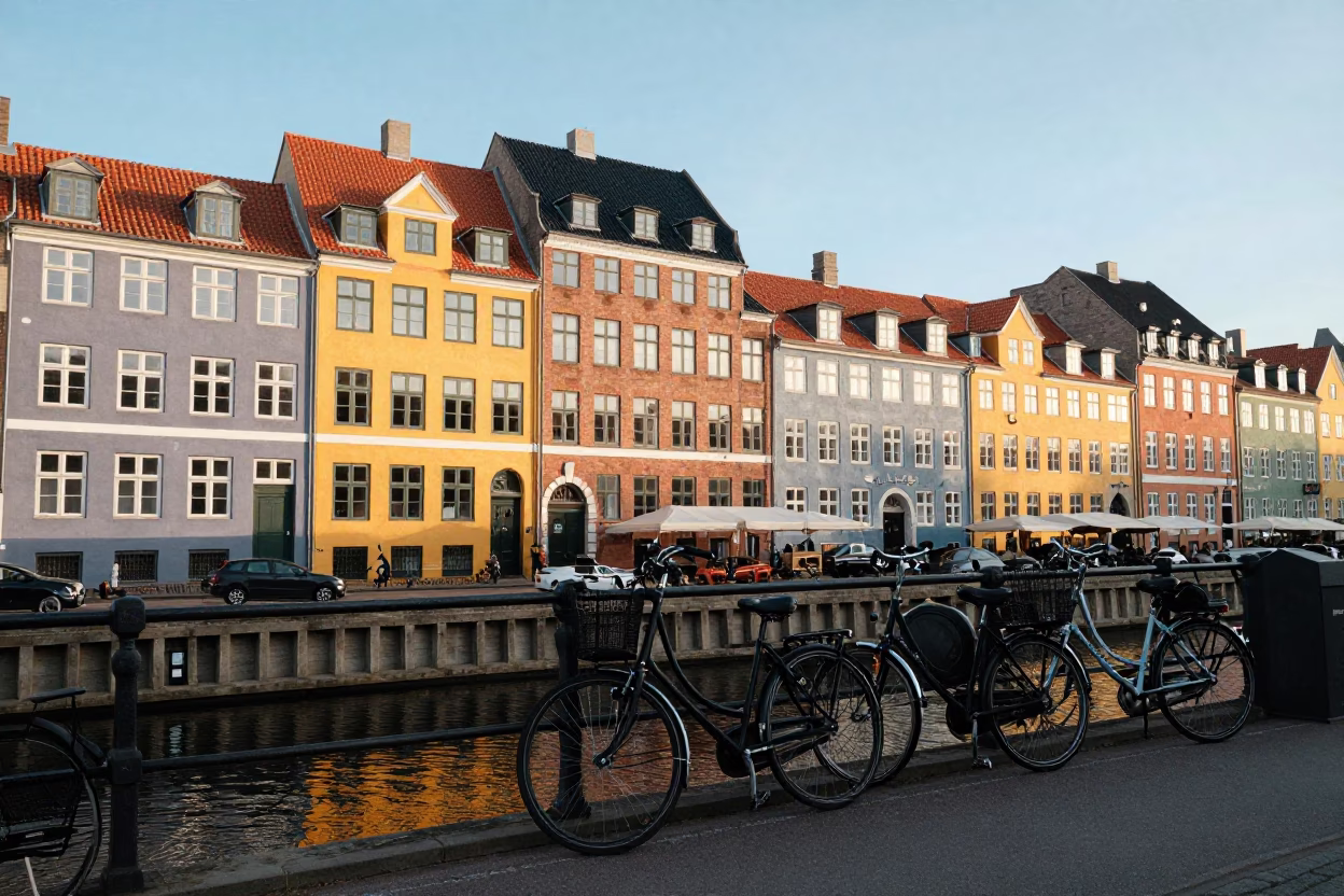 Morning light on Copenhagen canal house facade with bicycle and street lamp in in Copenhagen, Denmark
