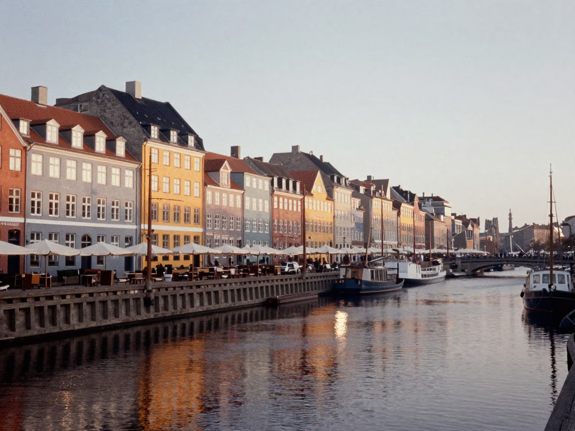 Morning Light on Copenhagen Canal with Brushed Steel Reflection and Porcelain Detail in in Copenhagen, Denmark