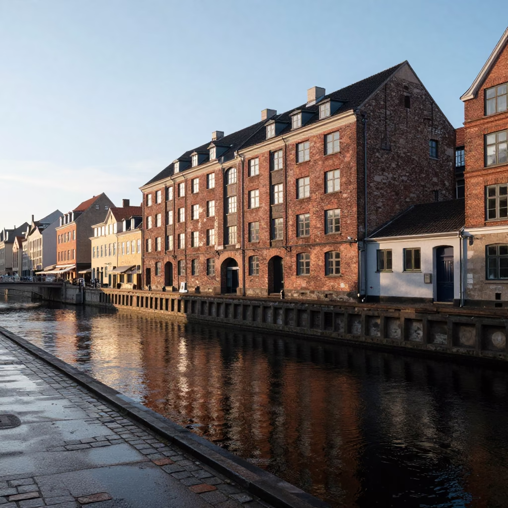 Morning Light on Copenhagen Canal with Historic Brick Architecture and Houseplants in in Copenhagen, Denmark