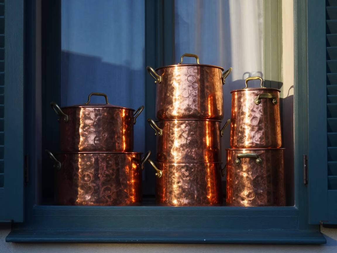 Morning light on copper pots in Florence Italy kitchen window in in Florence, Italy