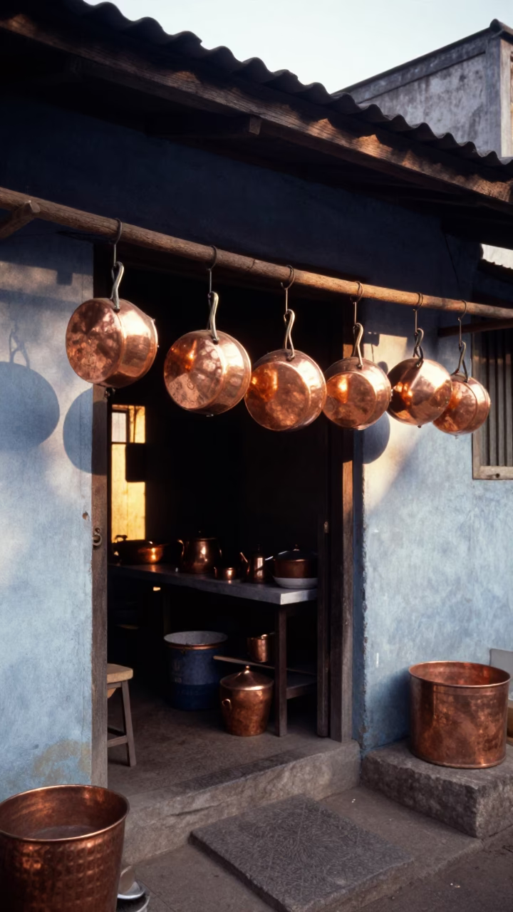 Morning Light on Copper Pots in Phnom Penh Cambodia Street Scene in in Phnom Penh, Cambodia