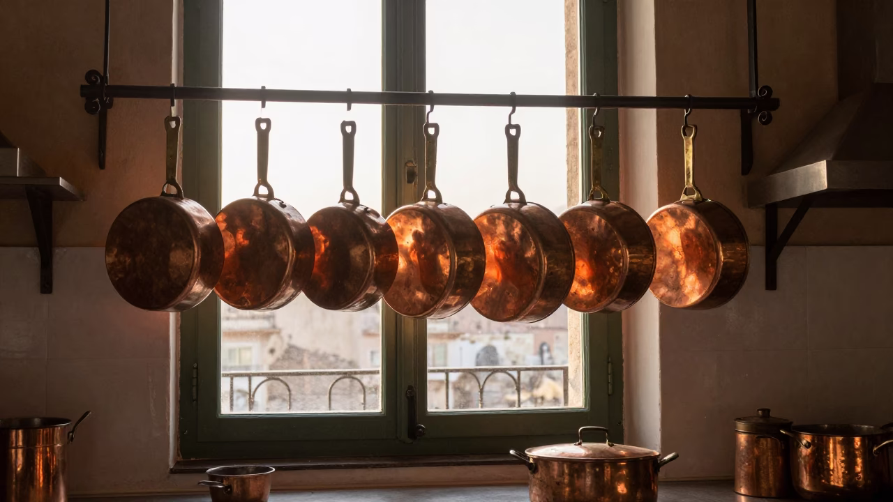 Morning Light on Copper Pots in Sicilian Kitchen in in Palermo, Italy