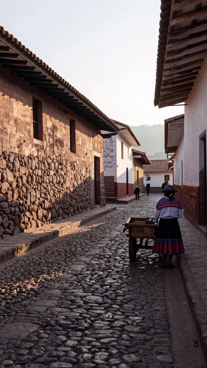 Morning Light on Cusco Cobblestone Street with Local Vendor and Traditional Basket in in Cusco, Peru