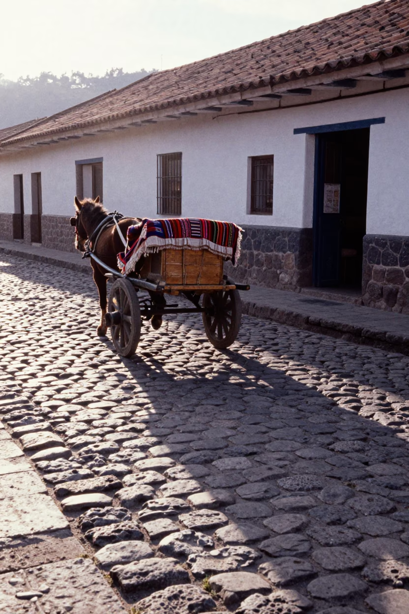 Morning Light on Cusco Cobblestones with Horse Cart and Local Commerce in in Cusco, Peru