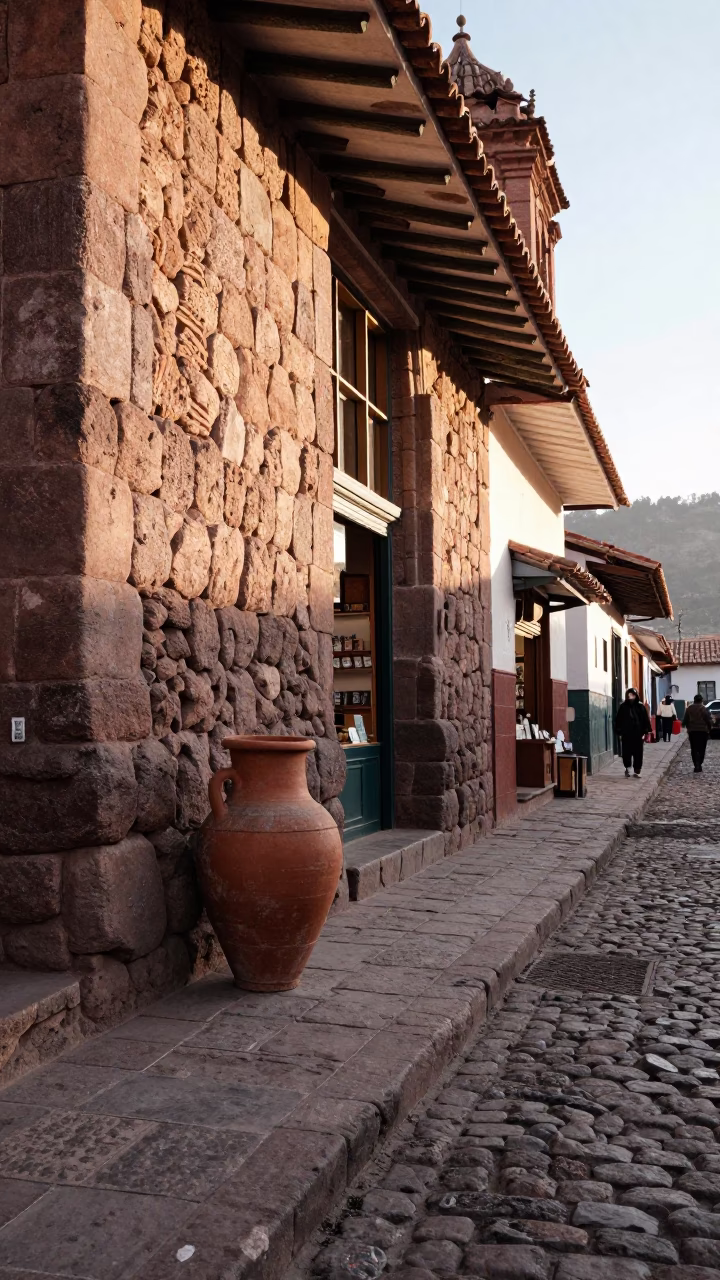 Morning Light on Cusco Cobblestones with Terracotta Pot and Local Street Scene in in Cusco, Peru