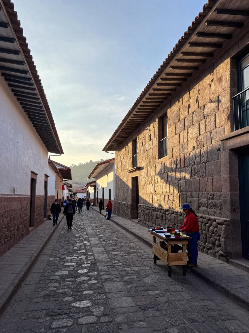 Morning Light on Cusco Stone Streets with Local Market Vendor and Traditional Bread in in Cusco, Peru