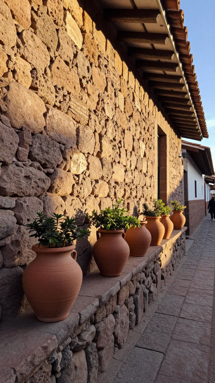 Morning light on Cusco stone walls with terracotta pots and local market activity in in Cusco, Peru