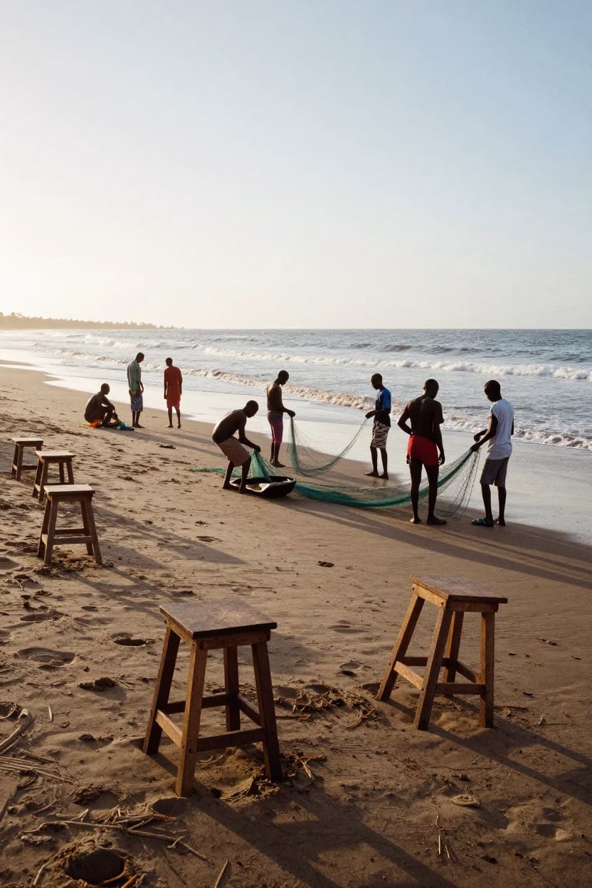 Morning Light on Dakar Beach with Fishermen and Wooden Stools in in Dakar, Senegal