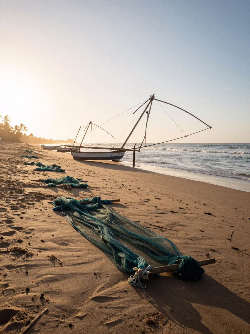Morning Light on Dakar Beach with Fishing Nets and Local Life in in Dakar, Senegal