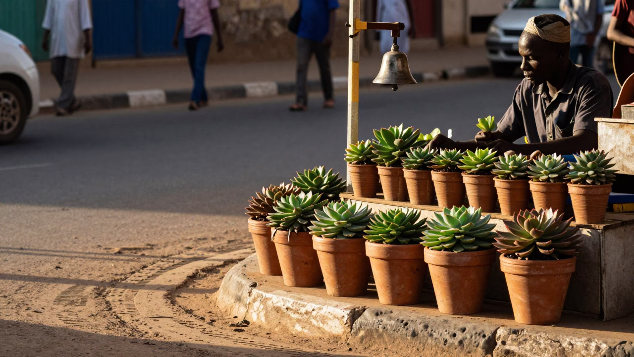 Morning light on Dakar street corner with terracotta pots and local commerce in in Dakar, Senegal