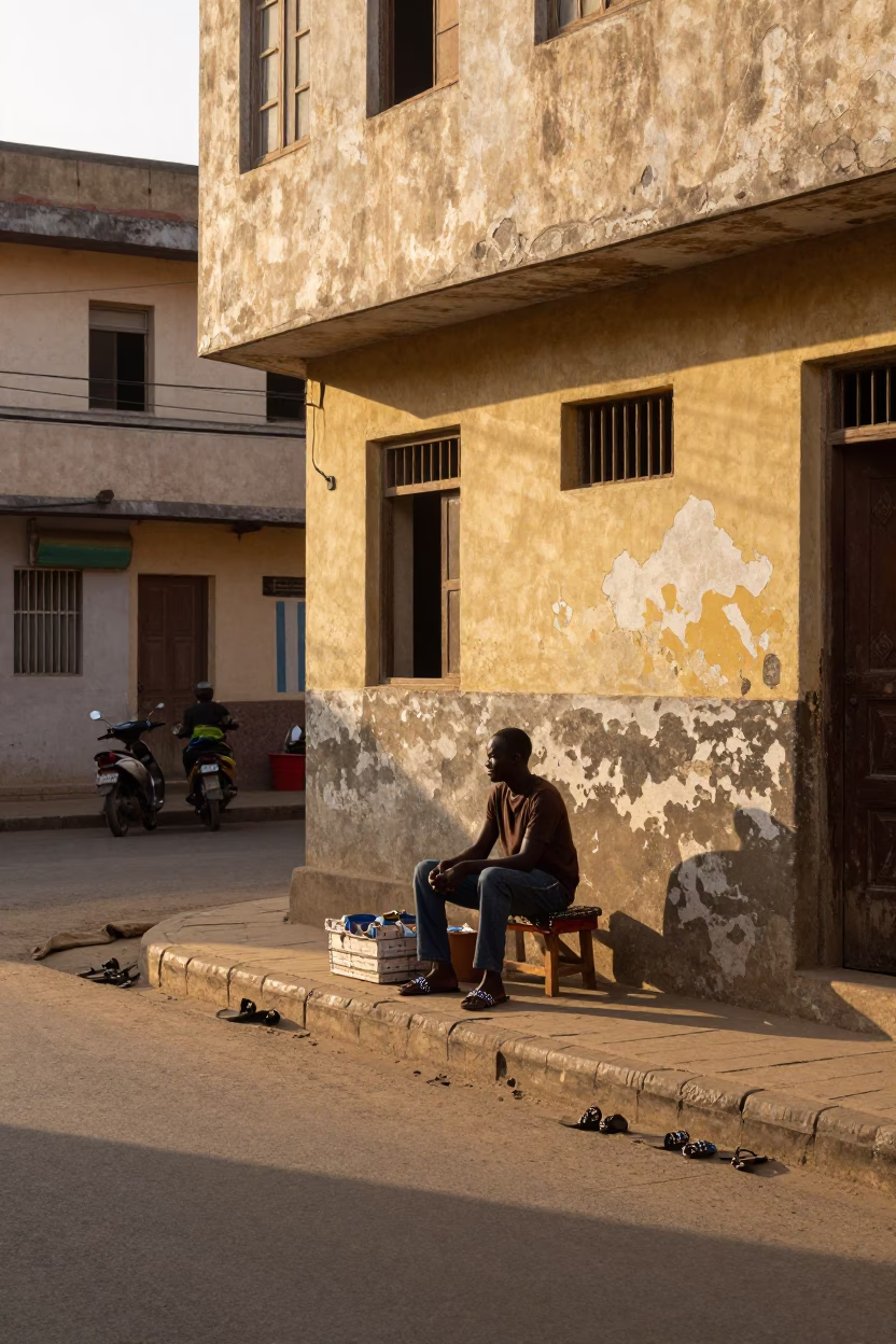 Morning Light on Dakar Street with Beaded Sandals and Local Commerce in in Dakar, Senegal