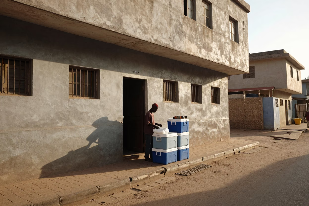 Morning Light on Dakar Street with Vendor Selling Cold Chain Logistics Crates and Clipboard in in Dakar, Senegal