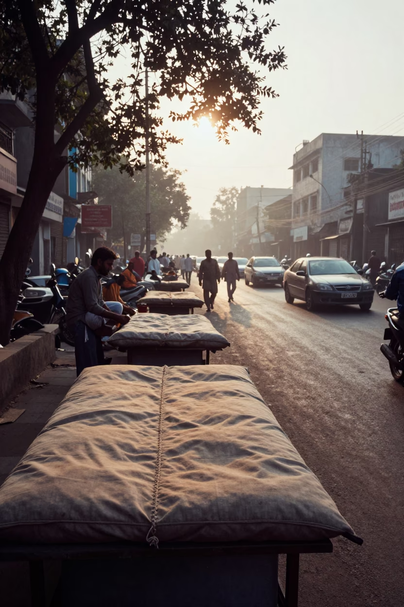 Morning Light on Delhi Street with Threadbare Fabric and Brass Details in in Delhi, India