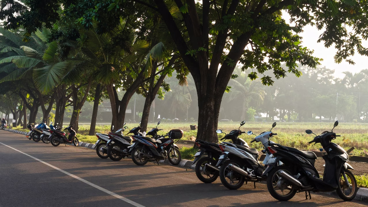 Morning light on Denpasar street with parked motorcycles and tropical tree in in Denpasar, Indonesia