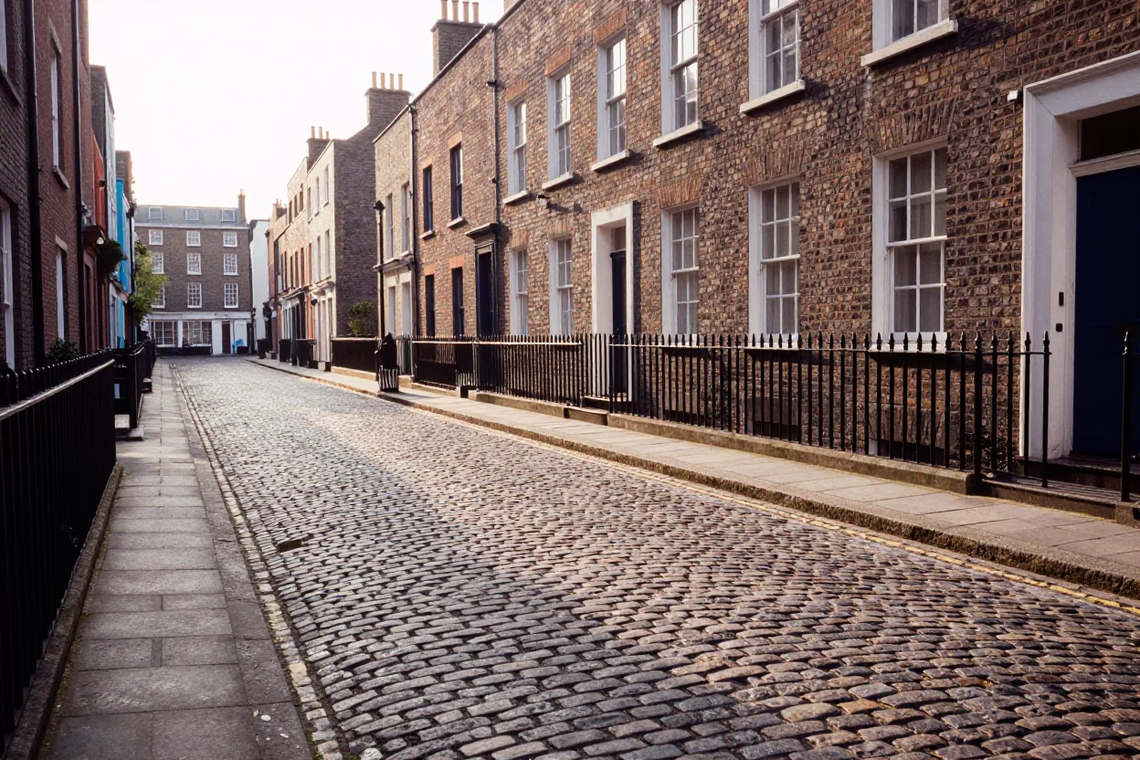 Morning Light on Dublin Cobblestone Street with Vintage Italian Majolica Plate and Coal Scuttle in in Dublin, Ireland