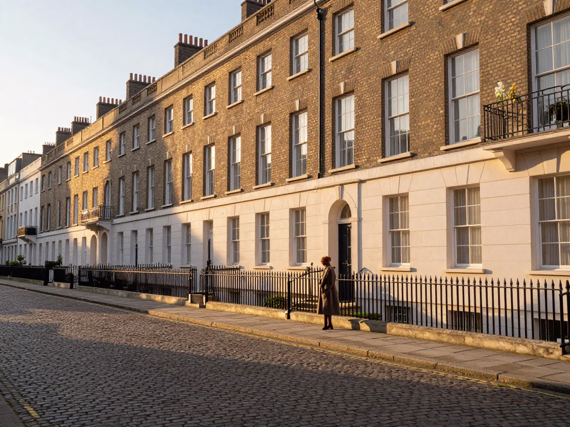 Morning Light on Dublin Georgian Terrace with Gladiolus and Tea Culture in in Dublin, Ireland