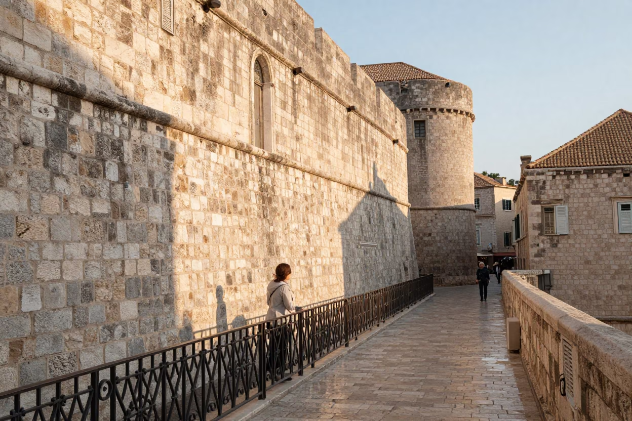 Morning light on Dubrovnik ancient stone walls with tourist and wicker shadow in in Dubrovnik, Croatia