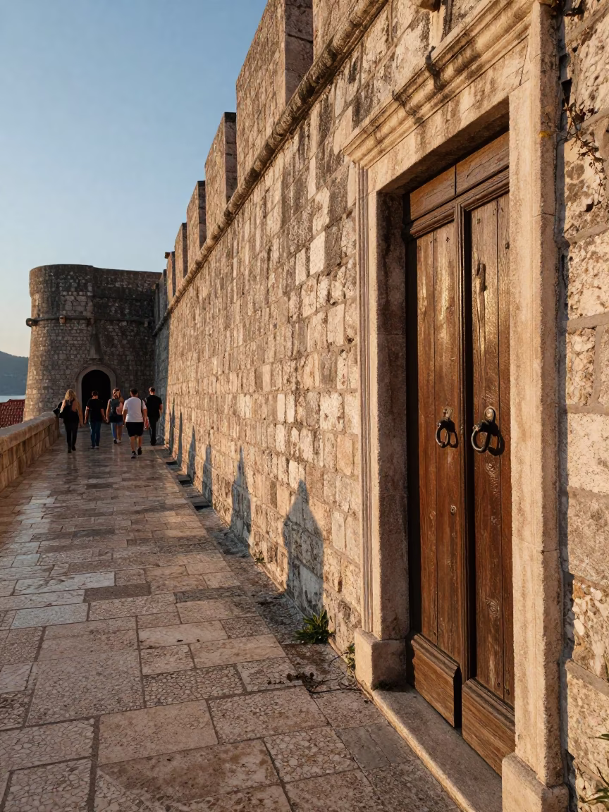 Morning Light on Dubrovnik Ancient Stone Walls with Tourists and Historic Gate Details in in Dubrovnik, Croatia