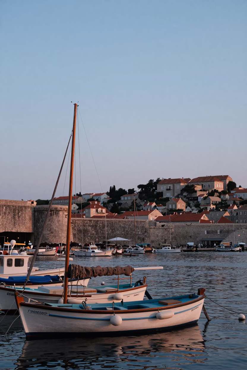 Morning light on Dubrovnik harbor fishing boats and iron hooks at nautical dawn in in Dubrovnik, Croatia