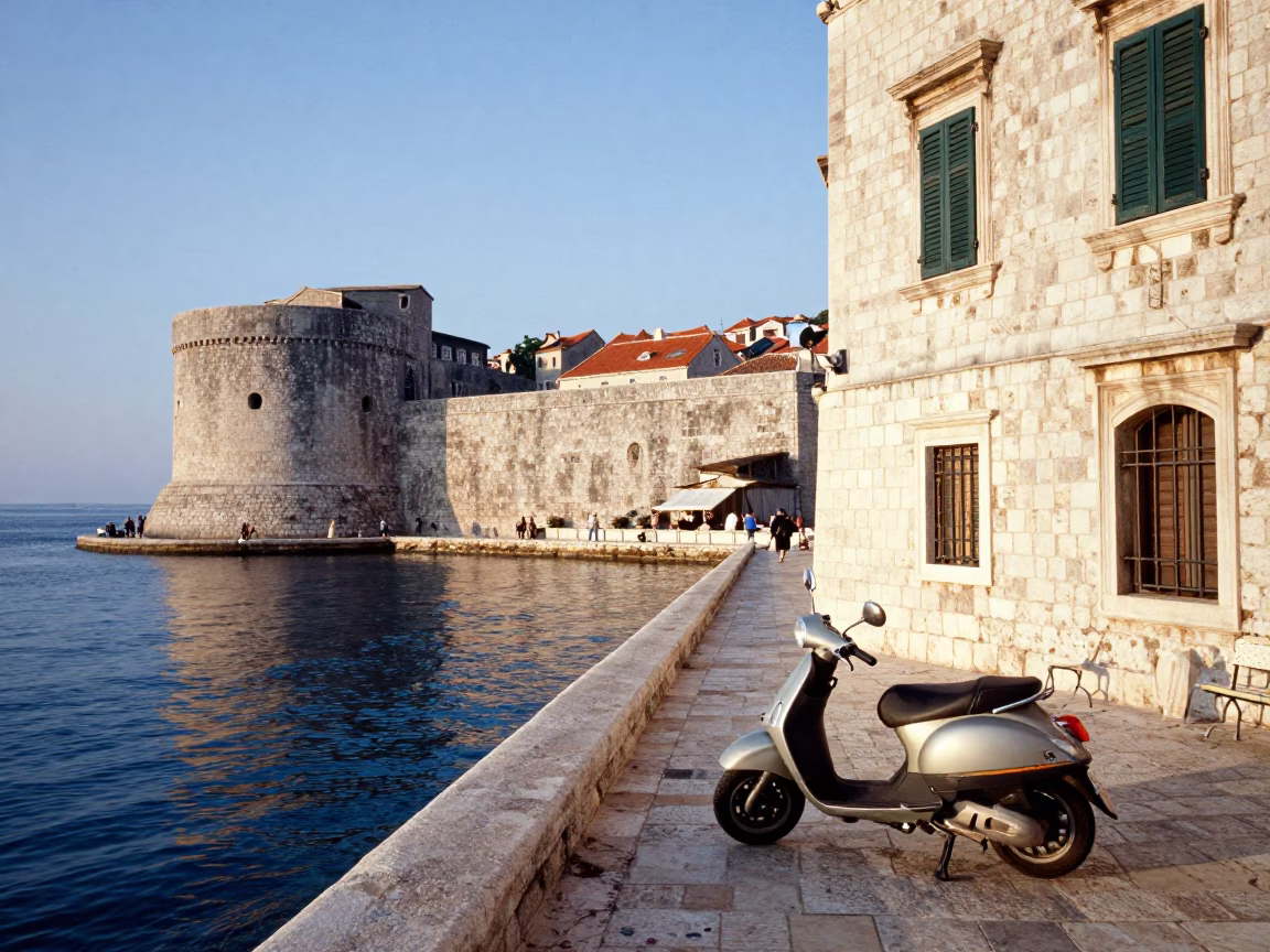 Morning Light on Dubrovnik Harbor Promenade with Parked Scooter and Stone Architecture in in Dubrovnik, Croatia