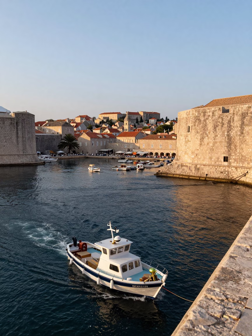 Morning light on Dubrovnik harbor with boat and brass details in in Dubrovnik, Croatia