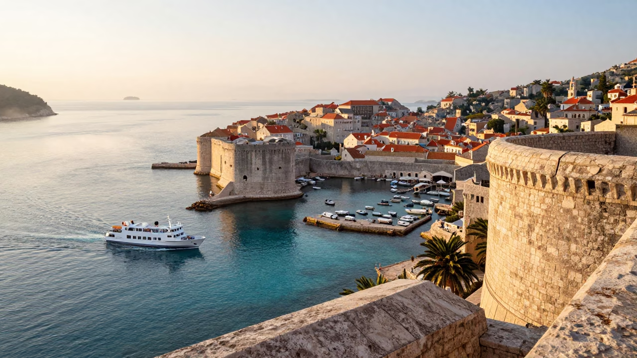 Morning Light on Dubrovnik Old Town Sea Gate and Harbor Ferry in in Dubrovnik, Croatia