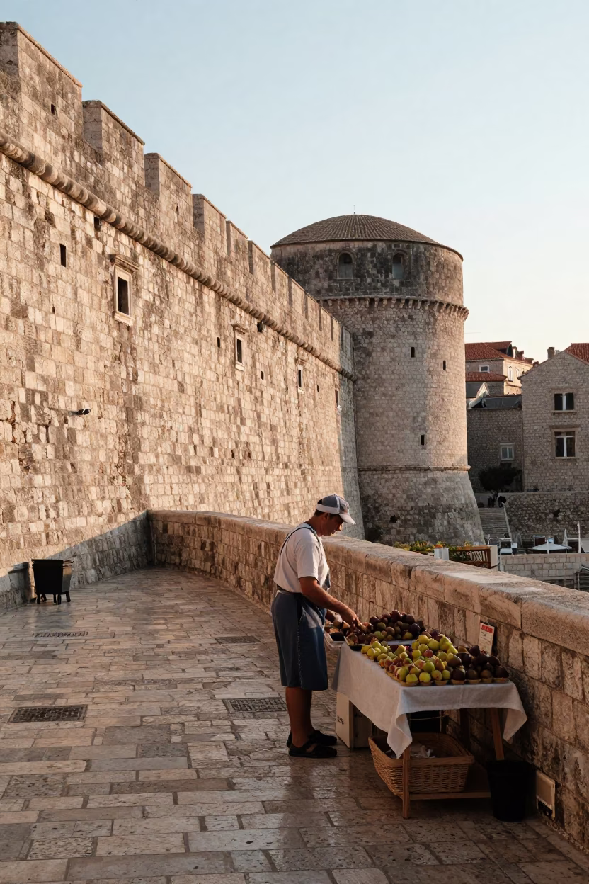 Morning Light on Dubrovnik Old Town Stone Walls and Local Market Activity in in Dubrovnik, Croatia