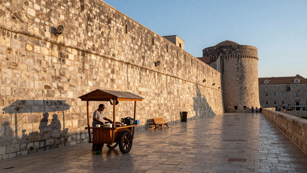 Morning Light on Dubrovnik Old Town Stone Walls with Local Breakfast Street Scene in in Dubrovnik, Croatia