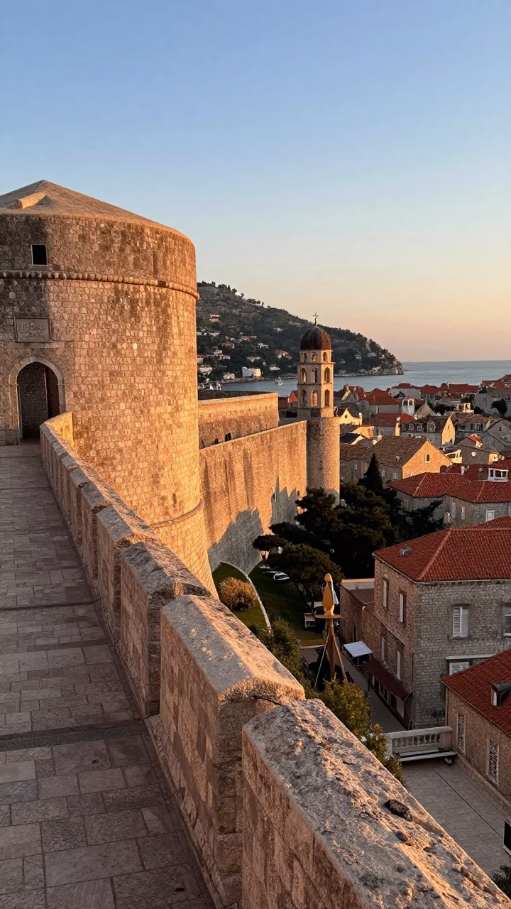 Morning Light on Dubrovnik Old Town Walls with Local Stone Architecture and Coastal Views in in Dubrovnik, Croatia