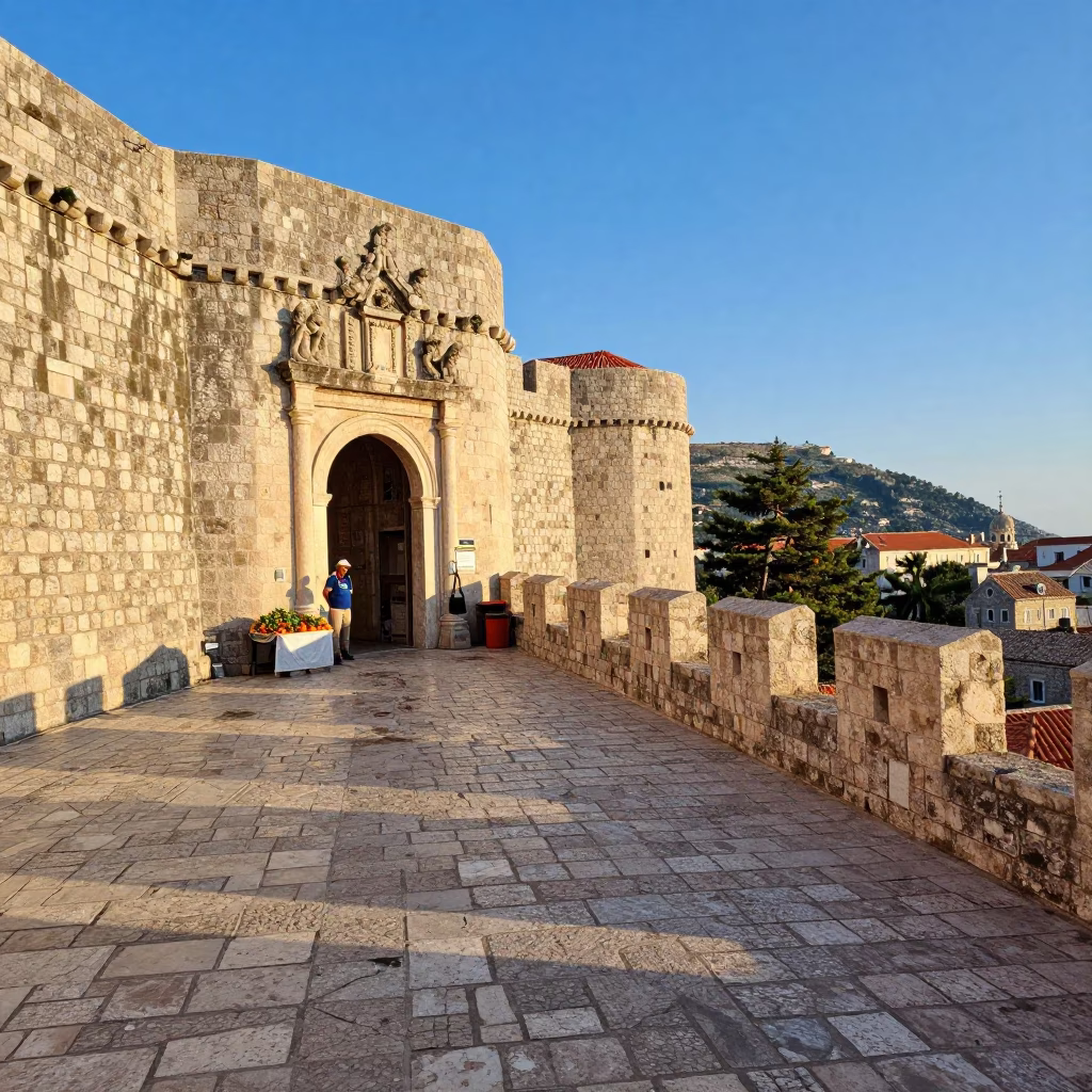 Morning Light on Dubrovnik Old Town Walls with Oranges and Enamel Bowls in in Dubrovnik, Croatia