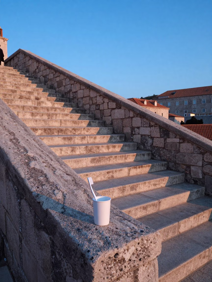 Morning light on Dubrovnik stone stairs with toothbrush cup and butter knife in in Dubrovnik, Croatia