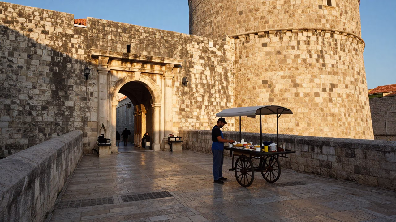 Morning Light on Dubrovnik Stone Steps with Local Breakfast and Vintage Car in in Dubrovnik, Croatia