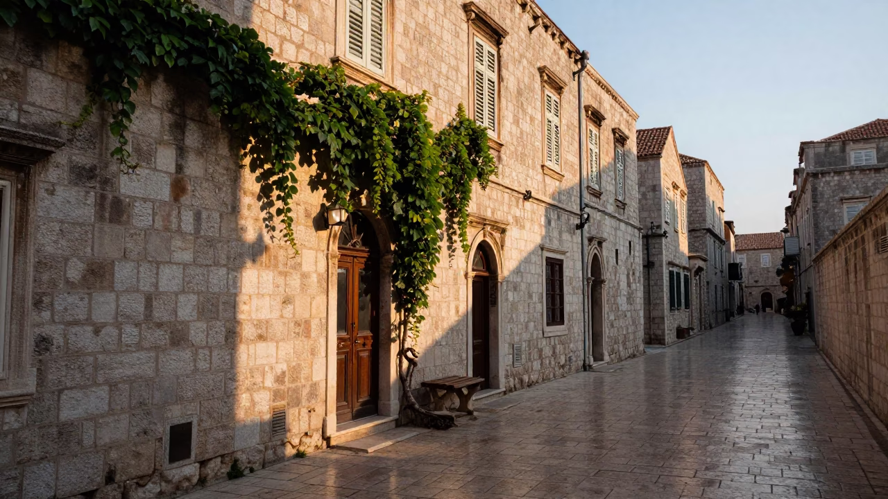 Morning light on Dubrovnik stone street with ivy vines and local bakery goods in in Dubrovnik, Croatia