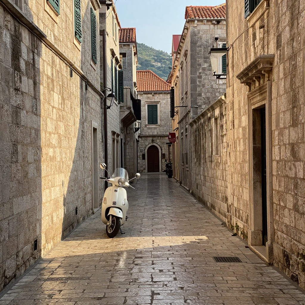 Morning Light on Dubrovnik Stone Streets with Scooter and Old Town Architecture in in Dubrovnik, Croatia