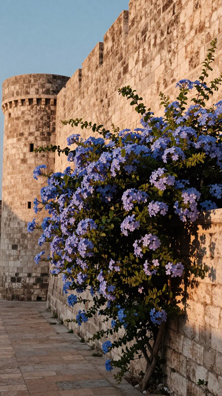 Morning light on Dubrovnik stone walls with blue plumbago hedge and local street life in in Dubrovnik, Croatia