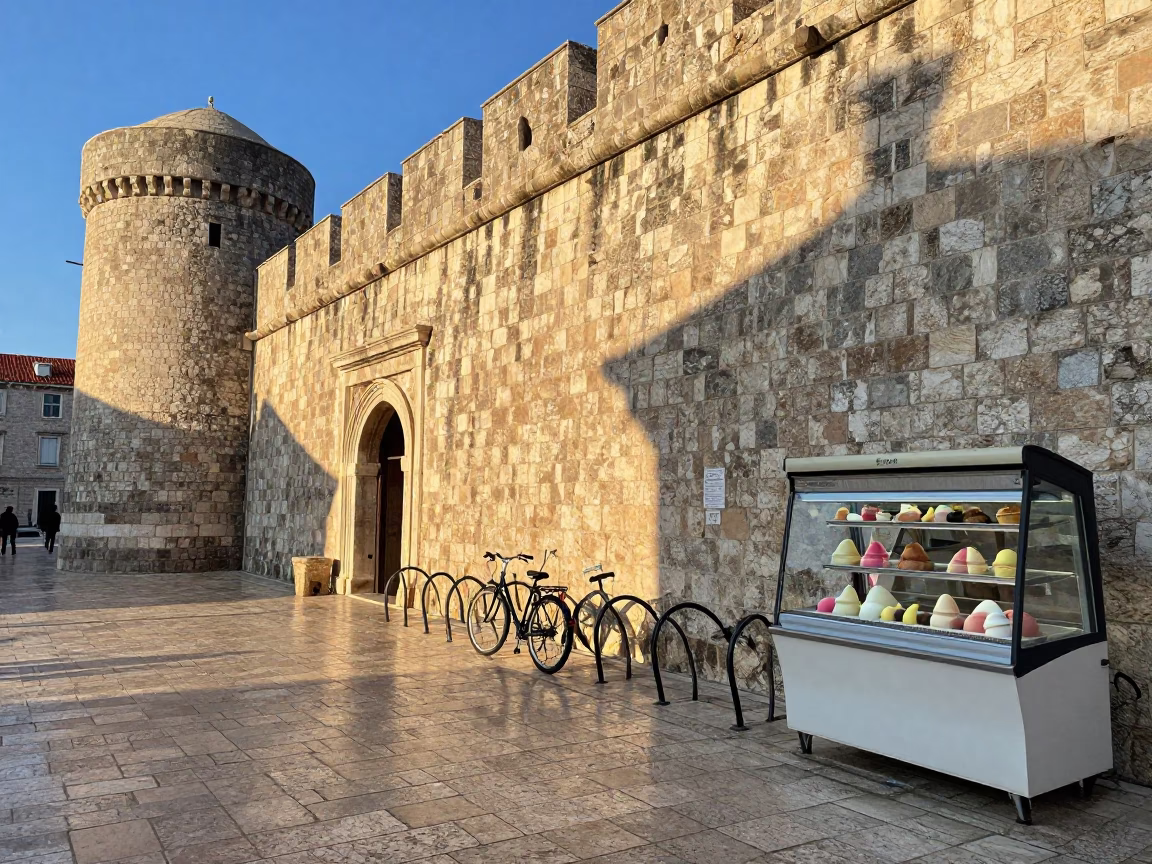 Morning Light on Dubrovnik Stone Walls with Gelato Display and Bicycle Rack in in Dubrovnik, Croatia