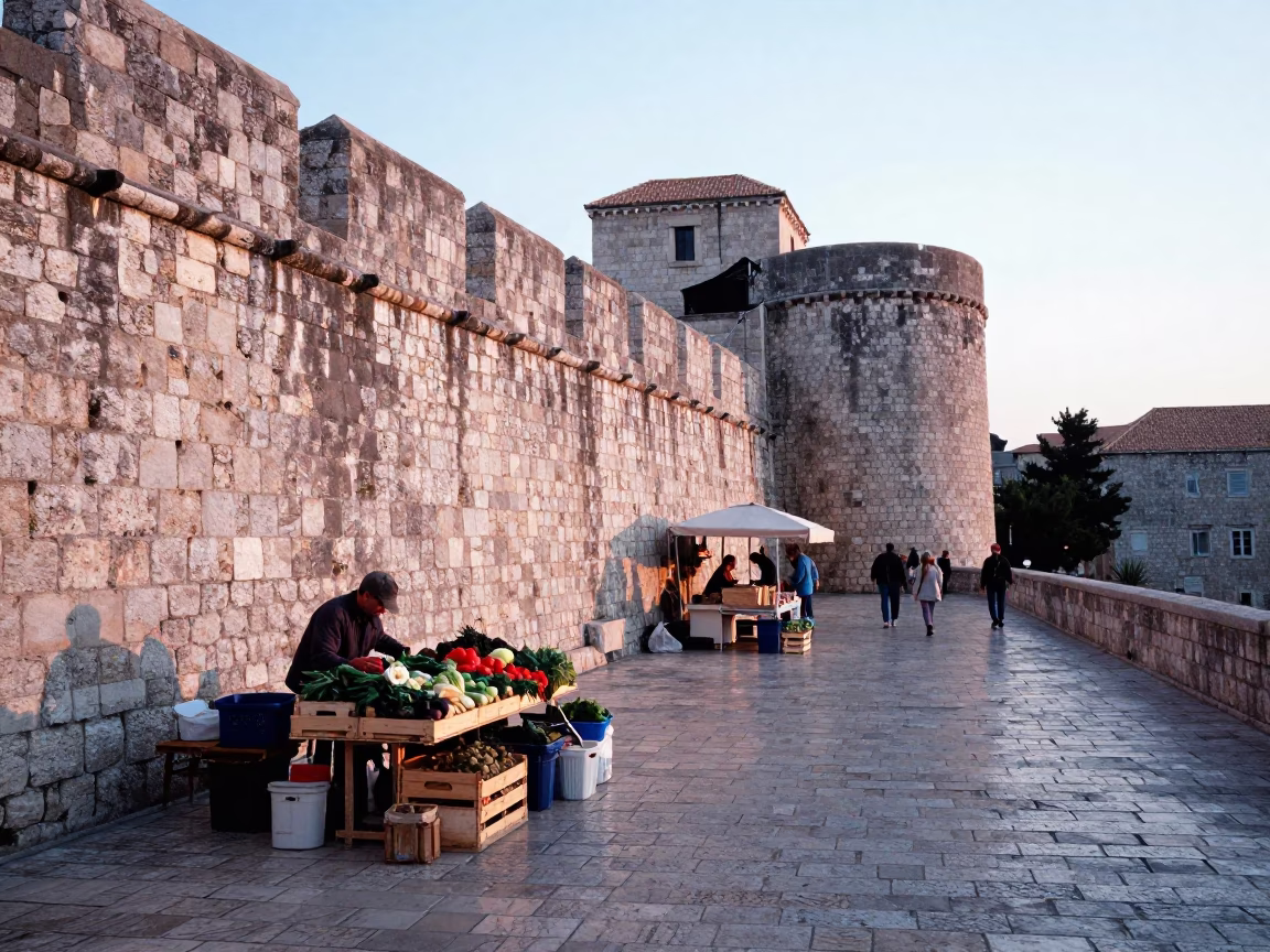 Morning Light on Dubrovnik Stone Walls with Local Market Goods in in Dubrovnik, Croatia