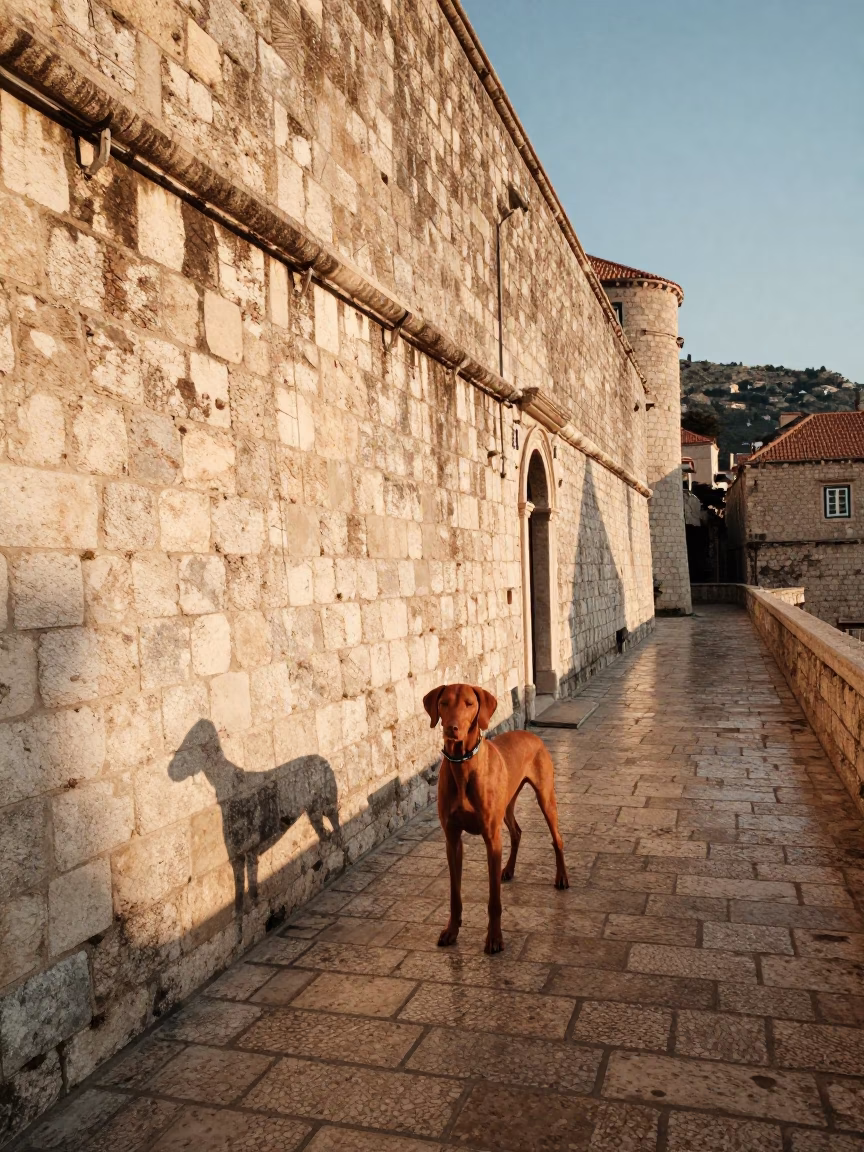 Morning light on Dubrovnik stone walls with Vizsla dog and brass street fixture in in Dubrovnik, Croatia