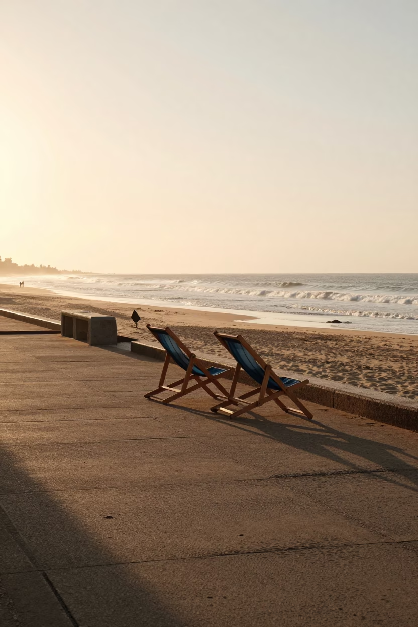 Morning Light on Durban Beachfront Promenade with Deck Chair and Coastal Morning Scene in in Durban, South Africa