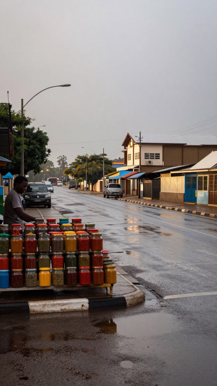 Morning Light on Durban Street with Spice Jars and Substation Puddles in in Durban, South Africa