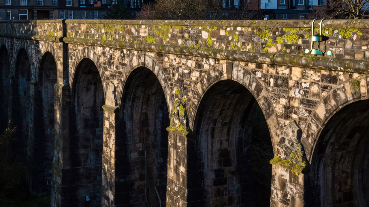 Morning light on Edinburgh aqueduct with lichen and brass fittings in in Edinburgh, United Kingdom